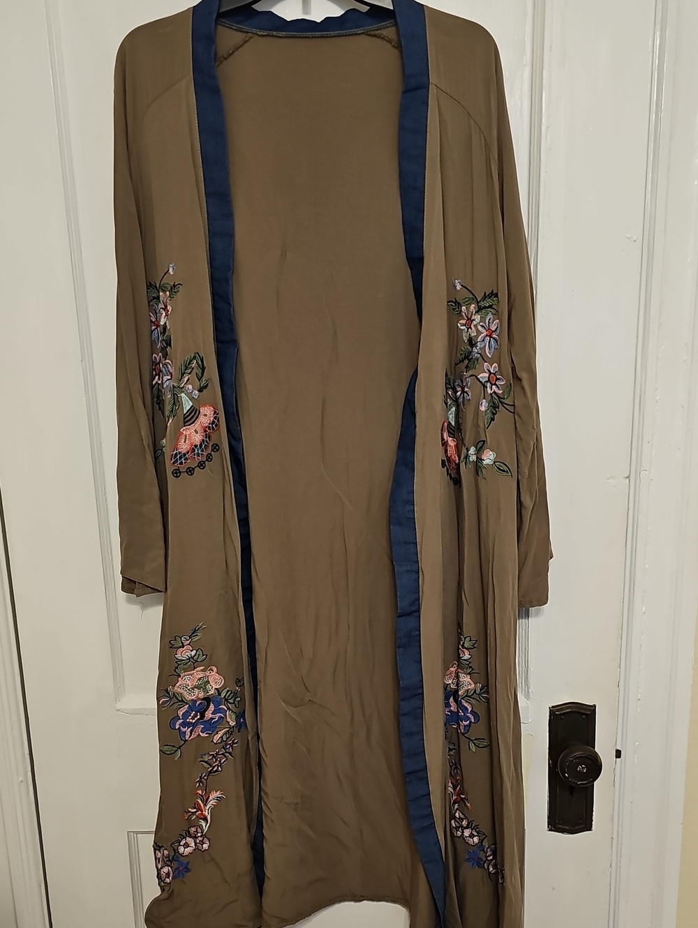 Embroidered Olive Kimono Duster with Navy Trim